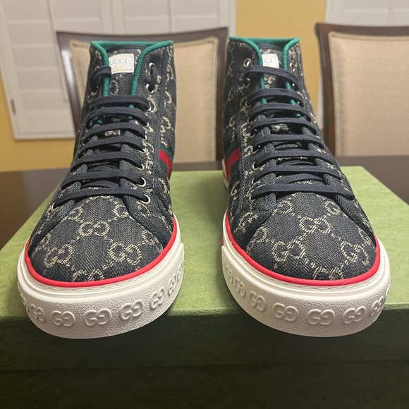 New Gucci Tennis 1977  GG Supreme Denim High Sneaker Shoes Size UK 12 / US 12.5 - Picture 4 of 16